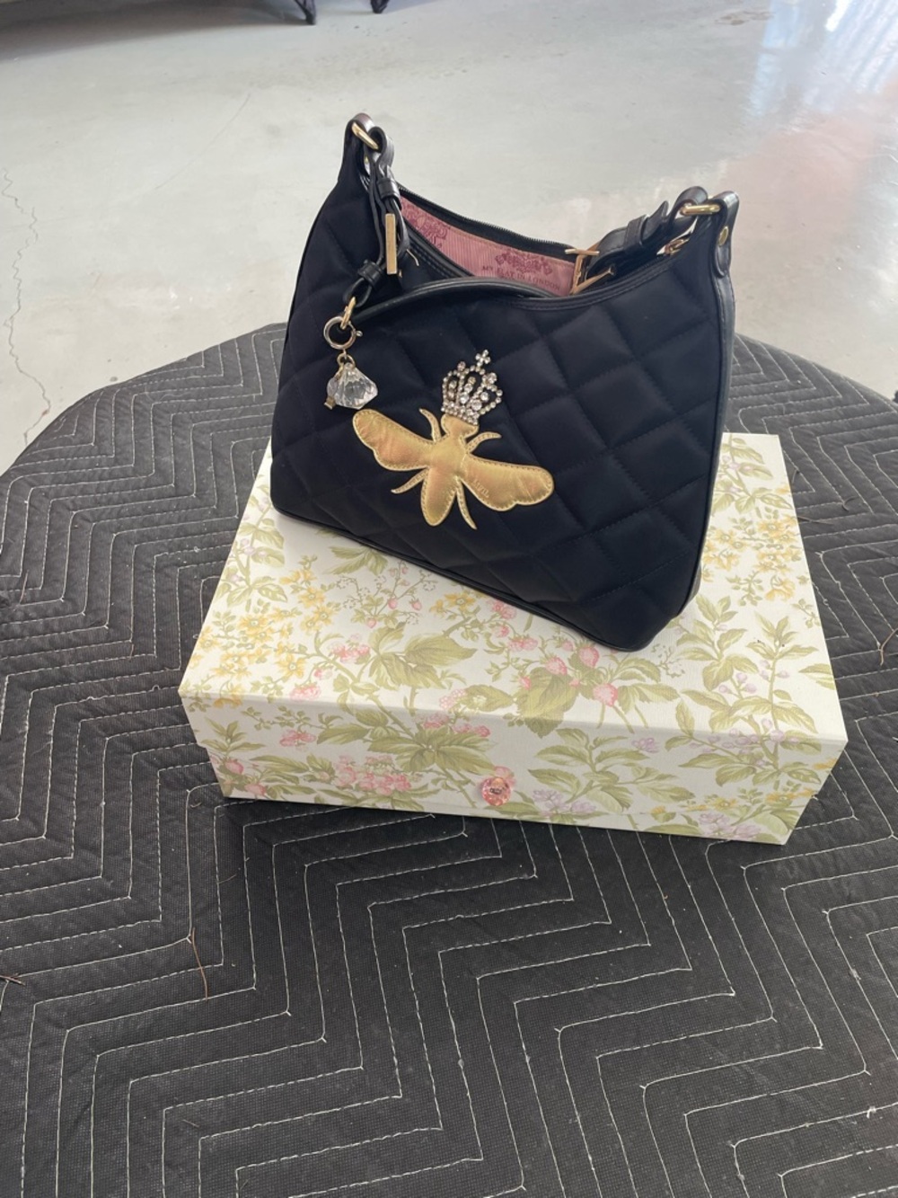 My Flat in London Black Quilted Shoulder Bag with Gold Bee and Crystal Charm